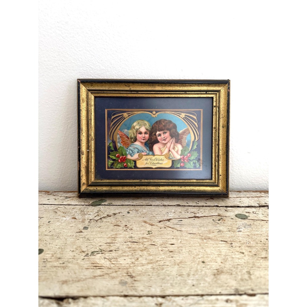 1900s Christmas Postcard Framed Antique Holiday Decor Germany Xmas Wishes